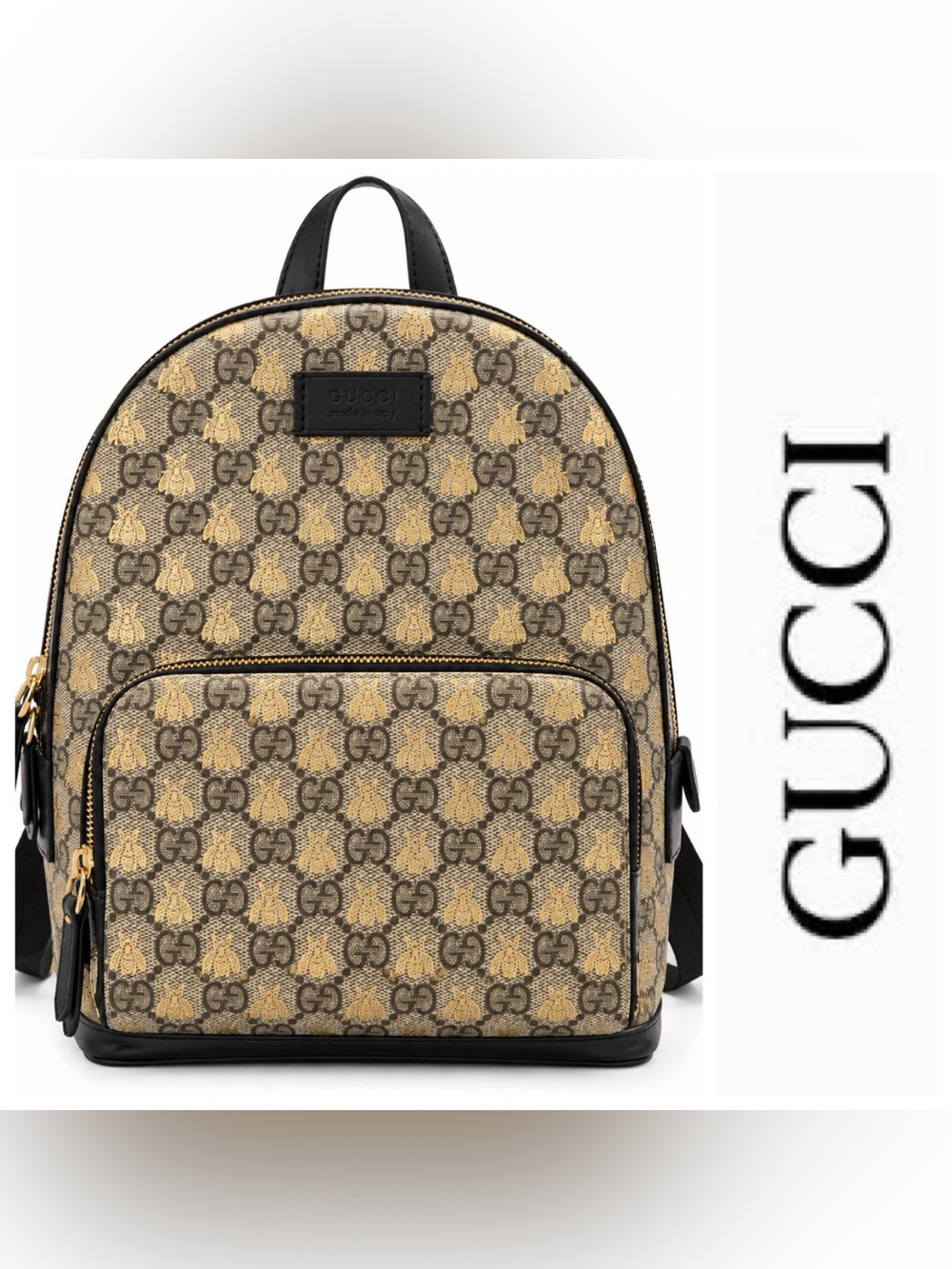 Authentic Gucci GG Supreme Gold Bee Small Backpack 427042
